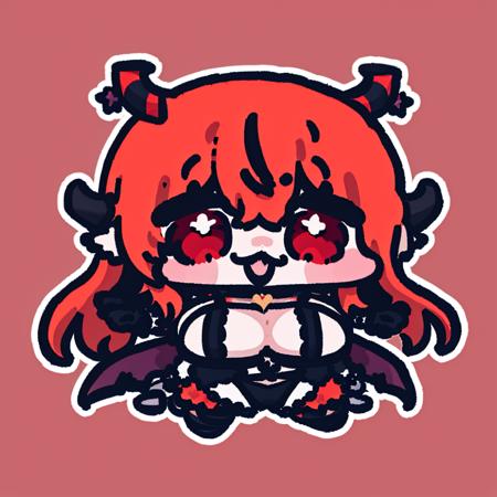 chibi <lora:Yananang:1>, 1girl, virtual youtuber, tail, breasts, horns, solo, long hair, red hair, open mouth, dragon tail, large breasts, looking at viewer, red eyes, full body, thigh strap, white background, dragon girl, navel, smile, simple background, bangs, dragon horns, collar, collarbone, choker, gloves, standing, hair between eyes, center opening, :d, blush, black gloves, straight-on, cleavage, fang, fur trim