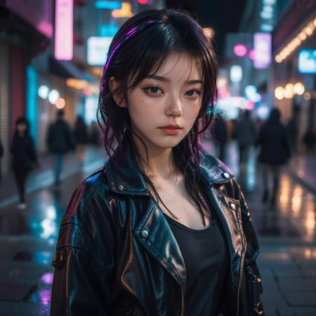 extremely detailed eyes and face, detailed skin, ( veins, pores, skin imperfection, freckles:0.8), 8k photo, uhd, full resolution, masterpiece, best quality, full resolution, ultra-detailed, 
xcmt girl, asian girl, pov, looking at viewer, 
At night, a girl stands alone on the streets of a cyberpunk-style city, dressed in a striking cyberpunk outfit. She wears a black leather jacket with LED lighting effects, creating a futuristic ambiance, 
Low Light Photography, Bokeh, Colorful Lighting, Reflections, Romantic Mood, Dreamy Aesthetic, Unique Portraits, Creative Use of Light, Mystical Atmosphere, Urban Fairy Tale, 
(lofi, analog, motion blur), romastic tyle, simple background, 
<lora:xcmt_asian_girl:1>,