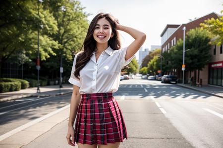 Blank white background, girl, school look style, checkered red short pleated skirt, white blouse, white high heels / realistic facial depiction, full body, right hand on waist, left hand pointing to the sky, standing with legs slightly apart , towards the front / dynamic lighting, a realistic description of one's face, extremely long hair, portrait, dynamic pose, 100mm f/2.8 macro lens,