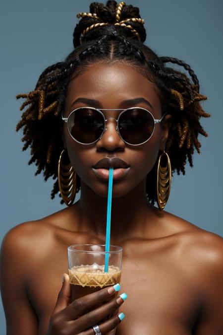 silver-glasses,1 black girl,solo,facing viewer,dark skin,drinking straw,cup,drink,simple background,blue background,facing viewer,makeup,dreadlocks wig,close-up,<lora:CSG:0.6>,
masterpiece,best quality,Ultra HD,high quality,HDR,UHD,8K,