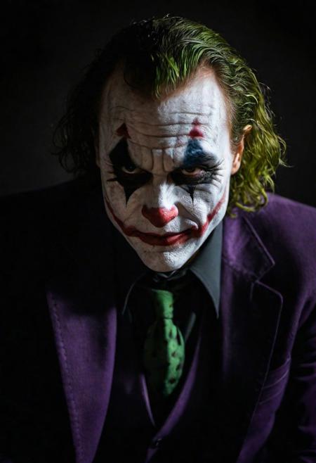 Close-up, (THE JOKER   ), grim smile, relaxed pose, portrait movie shot, serious, menacing, chiaroscuro style photo, dark background, minimalism, dramatic lighting, professional quality, dull highlights and shadows, natural and  original,