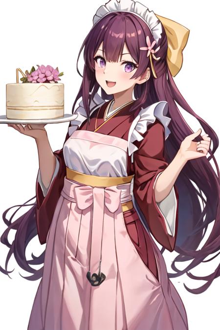 best quality, masterpiece, highres, solo, {kamikaze_kantaicollection:1.15}, long_hair, purple_hair, bow, hair_bow, purple_eyes, yellow_bow, hakama, pink_hakama, smile, tasuki, 1girl, apron, flower, frills, hair_flower, hair_ornament, japanese_clothes, kimono, looking_at_viewer, maid_headdress, meiji_schoolgirl_uniform, red_kimono, wa_maid, white_apron, frilled_apron, hakama_skirt, skirt, tube, gift, open_mouth, maid_apron, simple_background, white_background