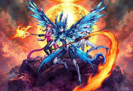 This captivating artwork showcases three distinct Harpie Lady Sisters, each with unique color schemes and weapons, arranged in a dynamic Phoenix Formation on a textured Pandemonium. The blue and white Cyber Harpie in the foreground, wielding a Fire Whip, gives an impression of readiness for a fantasy battle. Behind it, the pink and black, and blue and white Harpie Ladies, each equipped with a Performapal Whip Snake, add depth and motion to the image. The artwork is masterfully crafted with sharp lines, brilliant colors, and intricate details, resulting in a lifelike and vibrant 4K illustration, designed to inspire awe and appreciation from the viewer.