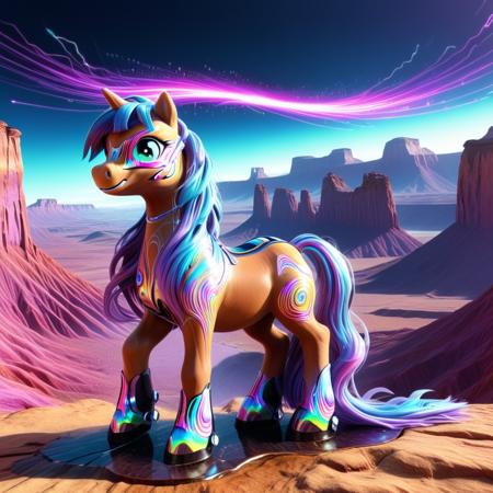 Psychedelic style  <lora:Holography:0.8> h4v_h0l0,  <lora:Dark-Cute-Ponies:1> drkpny, a group of ponies, each a different flavor of holographic pastel glitch, move as one across a cracked landscape of vaporwave deserts and floating command-line cliffs. Trails of code echo behind their hooves. Their tails? Living fiber optics that shimmer like rain in VR. One looks backâher expression unreadable, looped in an infinite smile. . Vibrant colors, swirling patterns, abstract forms, surreal, trippy