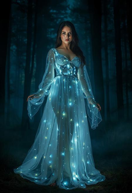Fantasy portrait of a woman wearing a luminous, star-studded dress in a mystical forest at night. The dress should be long and flowy, with tiny lights embedded in the fabric, creating a magical effect. The forest should be dark and atmospheric, with tall trees and a hazy mist. The woman should have long, dark hair and a captivating gaze. Emphasize the contrast between the glowing dress and the dark forest.