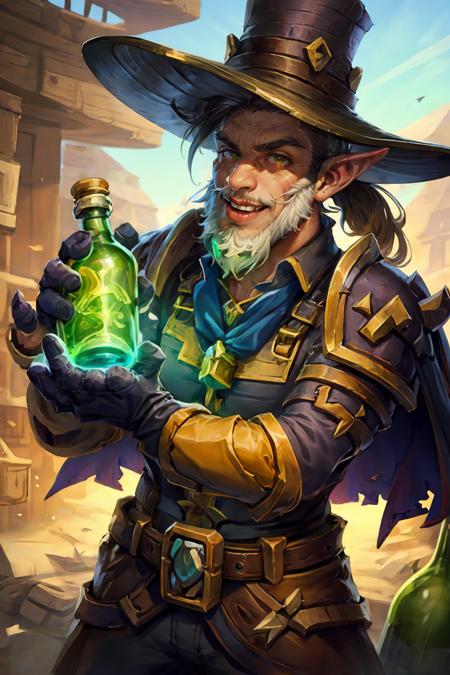 HEZI, Hearthstone, 1boy, solo, hat, male focus, gloves, yellow eyes, suspenders, holding, yellow gloves, colored skin, pointy ears, ponytail, long sleeves, upper body, top hat, looking at viewer, bottle, sky, green skin, potion, day, outdoors, black headwear, vial, yordle, green gloves, weapon, armor, yellow skin, glowing, gun, shoulder pads, blue sky, white shirt, artist name, facial hair, white hair<lora:çç³ä¼ è¯´-000006:0.7>,