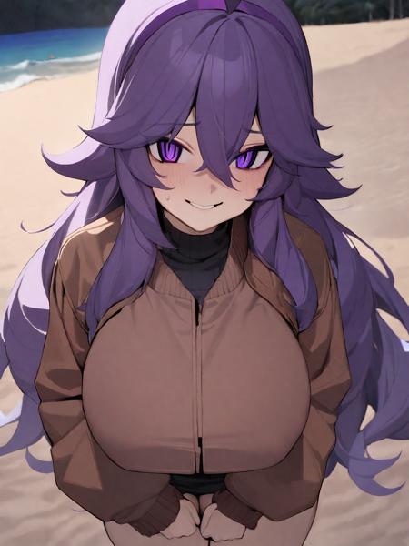 masterpiece, aesthetic, ,, newest, 1girl, <lora:hex_maniac_v1:0.8>, HEX_MANIAC, purple hair, long hair, ahoge, purple eyes, (Terracotta jacket), Wool-blend bomber jacket , Tropical island paradise,Beach haven