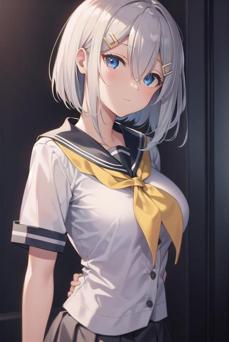 hamakaze, <lora:hamakaze-lora-nochekaiser:1>, 
hamakaze, blue eyes, grey hair, hair ornament, hair over one eye, hairclip, short hair, short hair,
BREAK black pantyhose, buttons, gloves, grey sailor collar, grey skirt, hairclip, neckerchief, pantyhose, pleated skirt, sailor collar, school uniform, serafuku, skirt, white gloves, yellow neckerchief,
BREAK looking at viewer,
BREAK indoors, classroom,
BREAK <lyco:GoodHands-beta2:1>, (masterpiece:1.2), best quality, high resolution, unity 8k wallpaper, (illustration:0.8), (beautiful detailed eyes:1.6), extremely detailed face, perfect lighting, extremely detailed CG, (perfect hands, perfect anatomy),