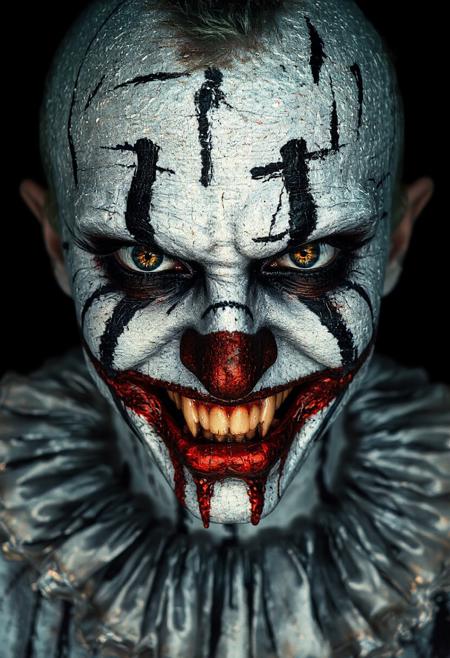 bo-neon, ArcaneFGTNR, a highly detailed digital artwork depicting a close-up of a person's face, likely a clown or clown, with a striking and intense expression, the subject's face is predominantly white, with bold, black and red graffiti-like patterns covering the entire surface, including horizontal and vertical lines, creating a chaotic yet striking design, the graffiti is predominantly black with gold accents, adding a sense of chaos and intensity, the person's eyes are large and expressive, with golden irises that stand out against the stark white background, their lips are full and slightly parted, revealing sharp, white teeth with a vivid red interior, dripping with blood, the texture of the graffiti appears rough and uneven, with some areas appearing darker than others, the background is a solid black, ensuring that the focus remains on the subject, the overall style of the artwork is highly stylized and hyper-realistic, with meticulous attention to detail and texture, making it a captivating and provocative piece of art, high quality, ultra detailed, colorful, grainy, cyberpunk fantasy<lora:boFLUX Abyss Neon.safetensors:0.8:0.8> <lora:ArcaneFGTNR.safetensors:1.0:1.0>