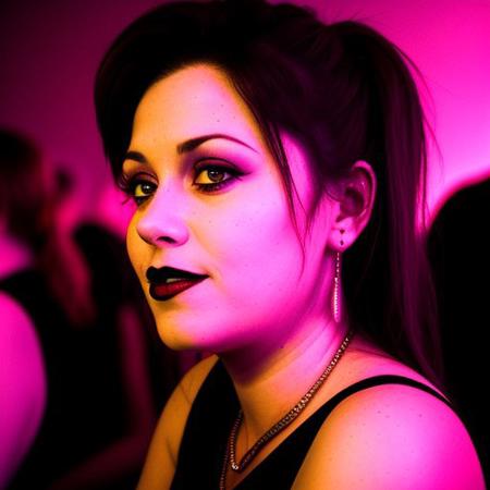 amateur candid photo of a Goth woman at a 90s goth club, the lights glowing purple and green in the background. retr0grade90s
