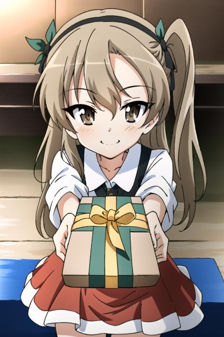 <lora:shimada_arisu:0.8>,  shimada arisu, 1girl, brown eyes, one side up, smile, gift, blush, box, looking at viewer, standing