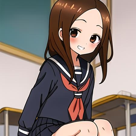 masterpiece,best quality,ultra-detailed, <lora:takagi_san:1.2>,uniform,serafuku,sailor suit,medium hair,(((((side-swept bangs))))),evil grin,evil smile,hidden hands,((in the classroom)),detail background,full body,perface background,long pleated skirt,((((1girl,solo)))),(((sitting pose))),(((sit on the desk))),jc,hand between legs,