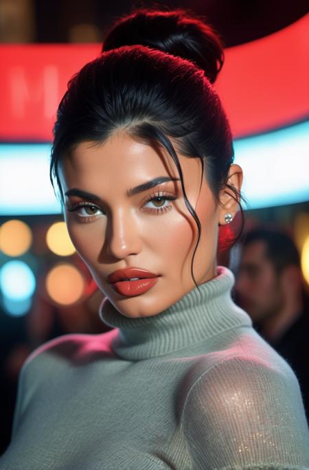 A photorealistic image of kl jnnr woman, at a red carpet event, dressed in an elegant turtleneck sweater, with neon lighting reflecting her bold makeup, in a bustling Hollywood setting, captured in a third-person perspective with fish-eye lens, in a glossy magazine cover style, adding dramatic and cinematic effects, analog film grain, bokeh