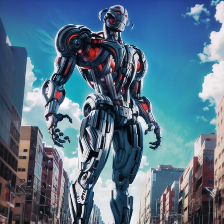 ultron, solo, low angle, towering presence, colossal form, city destruction, giant robot, mechanical monstrosity, intricate details, masterpiece, absurdres, best quality <lora:ultronPrime-000020:0.9>