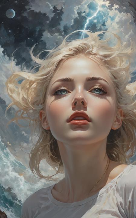 The constellations form infinite paisleys in the sky The condensation tumbles down and erases all my sight And is it in the nightmare map of the cosmos up high? Or is it in the signs? Or stranger still,  just in my eyes?,  art by Clayton Crain,  Stjepan Sejic,  Rachel Walpole,  Jeszika Le Vye,  Peter Mohrbacher,  thunder and portal and dark magic and starlight,  ((glowing pupils,  close up,  detailed eyes)),  1girl,  blond,  sexy,  Saturn,  Jupiter,  canyon,  cliffs,  ocean,  waves,  Fisheye Lens,  wet white shirt,  view_from_below,  low_angle, Leonardo Style,<lora:EMS-37230-EMS:0.600000>,<lora:EMS-43574-EMS:0.600000>,<lora:EMS-14860-EMS:0.200000>