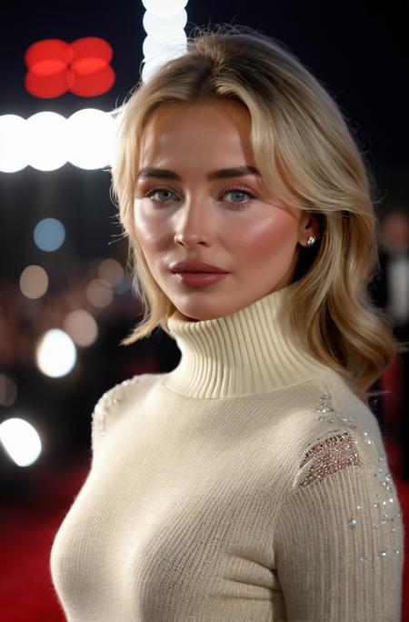 A photorealistic image of sbrn crpntr woman, at a glamorous red carpet event, wearing a turtleneck sweater, posing for the cameras. The setting is a star-studded outdoor event during the night, with spotlight lighting. The color scheme is dark and elegant, with a close-up perspective. The style is luxurious and high fashion, with a blend of realism and glamor, dramatic, UHD, analog film grain, bokeh