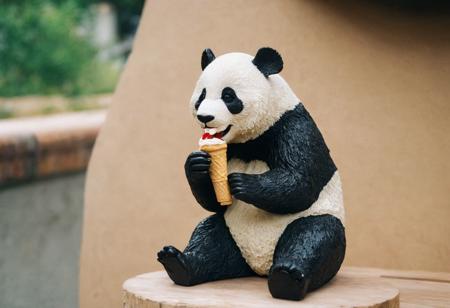 leica m3, 35mm Voigtlander lens, Portra 160/400, photo of detailed wood sculpture of a panda eating ice cream pop. high resolution, high contrast, natural  sunlight