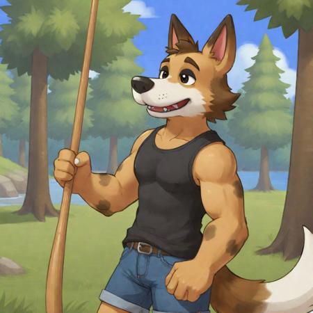 solo, short hair, open mouth, shirt, 1boy, animal crossing style, animal crossing  background, animal ears, tail, full body, male focus, sleeveless, black tank tip, blue jeans, going fishing, forest scene, spread legs, uncensored, dog ears, bara, furry, dog tail, furry male, brown fur, dog boy