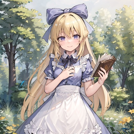 alice a cartoon character wearing an alice costume with a full black face, 1girl, apron, blonde hair, alice (alice in wonderland), solo, dress, blue dress, short sleeves, short hair, white apron, nature background, ribbon, outdoors, black fluid from the face,
