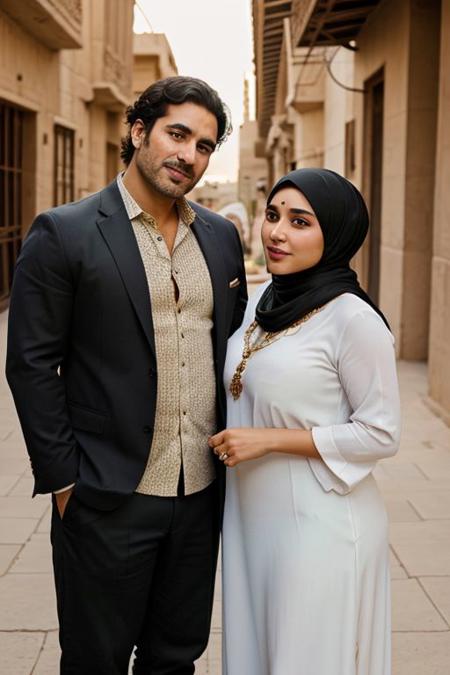 high quality, egyptian style, traditional clothes, happiness, smile,  brown eyes, dark hair, 1male, dilf, rough looking, manly face, strong facial features, full beard, thick hair, short hair, hairy chest, hairy body, 1female, huge tits, big boobs, curvy body, big Cleavage, wide hips, thick hips, hijab, soft focus, soft light, 2characters, 2peoples, straight couple, couple