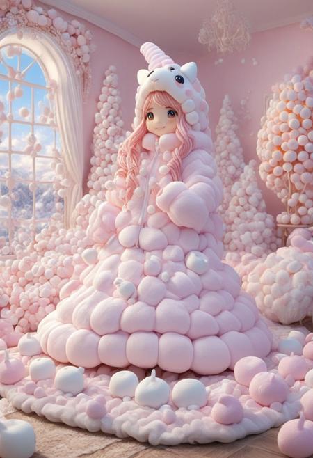 The world marshmallows, score_9, score_8_up, score_7_up , colorful , fully dressed, puffer suit, female, solo, living room, long hair, hailight