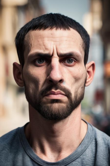 raw image of, 26 year old male, front view, upper body, caucasian, short hair, thin nose, black hair, ugly face, aggressive look, thin body, cap, asymmetrical face, bad quality clothes, bandit, outlaw, criminal, night street background, night, street, suburb, subsurface scattering, Photorealistic, Hyperrealistic, Hyperdetailed, analog style,  detailed skin, matte skin, soft lighting, subsurface scattering, realistic, heavy shadow, masterpiece, best quality, ultra realistic, 8k, golden ratio, Intricate, High Detail, film photography, soft focus