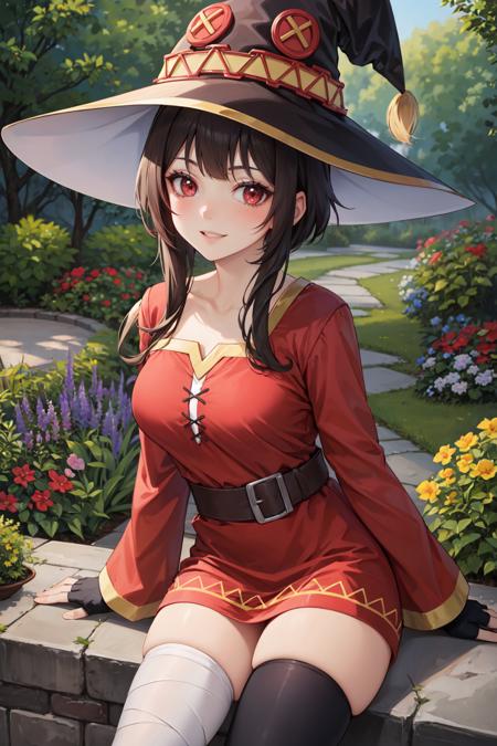 (masterpiece, best quality, glowing light, ultra detailed, detailed background, complex background), (perfect face, detailed face), (mature female, milf:1.4), full-face blush, happy, parted lips, light smile, 
<lora:megumin:1>, megumin, 1girl, solo, looking at viewer, short hair, short hair with long locks, dress, red dress, hat, witch hat, gloves, black gloves, thighhighs, bandages, fingerless gloves, long sleeves, bandaged leg, black thighhighs, single thighhigh
(outdoors, garden)