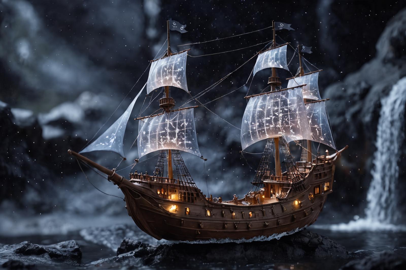 Illuminated Ship Model on a Nighttime Ocean Scene