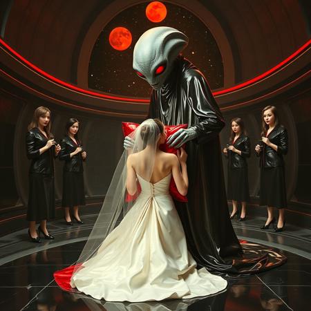 high-society elegant slender norvegian rich innocent young bride  kneeling  at weird red glossy foil pillow from behind. She is ensnared by a towering, gray human-like alien, draped in a long, glossy wet-look black slime cloak, its eyes gleaming red with an otherworldly intensity.  its hands put  slimy  mind parasyte  at her head. Surrounded by strict ladies wearing  glossy satin dominatrix attire and glossy high heels,  holding camdles.   weird wet-look black slime  walls and floor, colossus observation blister to outer space full of stars, bright red moon, vintage-inspired makeup, long hairs, ultra thin waist, evil grin, porcelain skin, lipstick, red nails, in the style of a haunting, retro-futuristic 1950s sci-fi nightmare, horror, alien space base,,