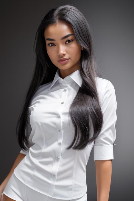 KellyGale, official identification photo of a young woman in a (elegant detailed white tight secretary shirt :1.5), (long black hair, twin tails), (professional photo , studio lighting, hard light, sony a7, 50 mm, (hyperrealistic), big depth of field, mate skin, pores, colors, hyperdetailed, best quality, photorealistic, 8k, high res, best quality), 1girl, (portrait),  (dark grey photostudio background:1.4) , looking at viewer, (eye contact:1.4), piercing eyes, happy, smirk, smile, intricate<lora:KellyGale:1.0>