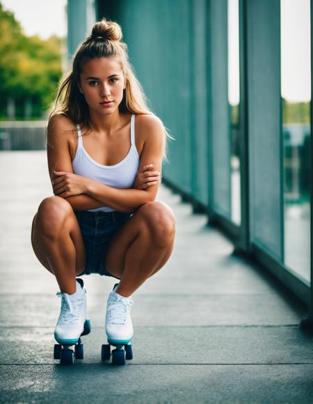 (medium shot:1.4), 18yo  cute  swedish  woman  squatting on rollerskates, bun hair,  blouse,  pants, depth of field, ( gorgeous:1.2),   (looking at viewer:1.4), detailed face, detailed background,in supermodern skycraper hall , RAW photo, subject, 8k uhd, dslr, soft lighting, high quality, film grain, Fujifilm XT3, (fcPortrait:1.25)