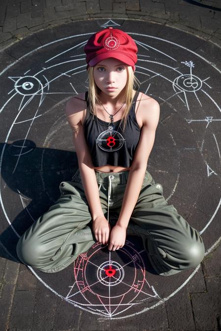 a girl is sitting, a big  (transmutation circle) on ground, 1girl, baggy_pants, bandeau, blonde_hair, red hat, (solo), ultra detailed face, camera photo,best quality, <lora:TransmutationCircle:0.5>, from above, upper body