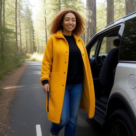 Draw middle-aged woman walking her dog, seen through car windshield, emerging from forest trail onto parking lot, tight jeans, shapely legs,  red fleece coat, large torpedo breasts under fleece, pretty face, blonde-ginger hair, wrinkles, realistic image, 46 years old, good person, serious but sexy, opening coat to reveal lithe body and large tits 
exhibitionism, open coat