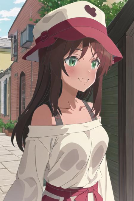 best quality, masterpiece, highres, solo, {kaneshiya_shitara_alicegearaegisexpansion:1.15}, long_hair, brown_hair, green_eyes, blush, 1girl, hat, looking_at_viewer, smile, upper_body, collarbone