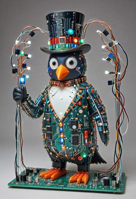 embedding:lazmpos, Transistors, pcb_style, LED, colorful LED lights, RGB lights, red green and blue penguin, art deco, top hat, cane, monocle,RetroBG