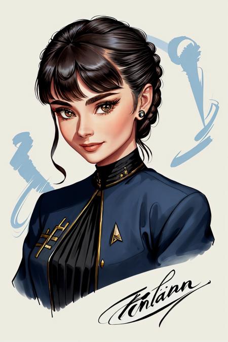 (calligraphic interpretation of, elegant, flowing, handwritten:1.2) upper body <lora:AudreyHepburn_v1-000030:.9> AudreyHepburn, focus on smiling face, wearing a star trek uniform , her hair is styled as french braided bangs,