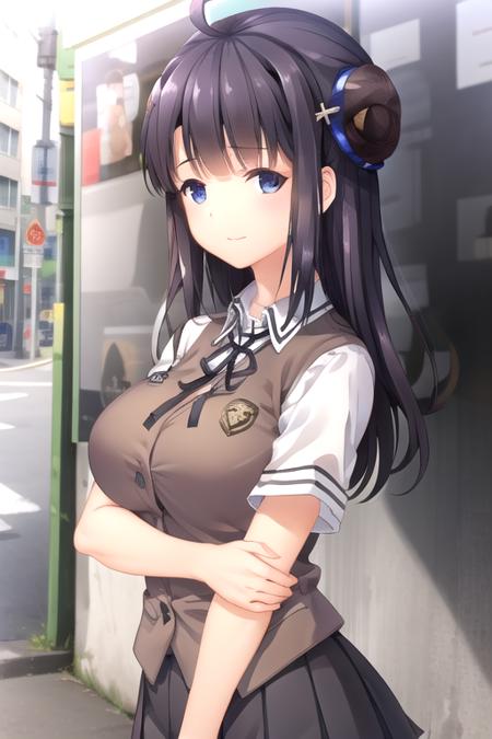 Wen Zhi ahoge,very long hair,black hair,hair ornament,single hair bun,single side bun,bangs,blue eyes brown vest,neck ribbon,black ribbon,collared shirt,white shirt,short sleeves,large breasts,miniskirt,black skirt,pleated skirt,zettai ryouiki,black thighhighs,loafers