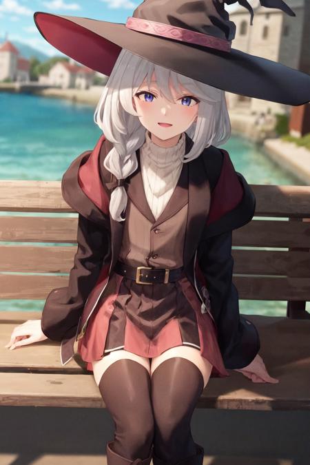 masterpiece, best quality, victoricamajonotabitabi, 1girl, mature female,  one side braids, jacket, [ahoge], brown jacket belt, red jacket, blue knifes on jacket belt,  black thighhighs, black boots, white sweater inner, happy, witch purple robe, town, castle, sitting on bench, sea, smile,