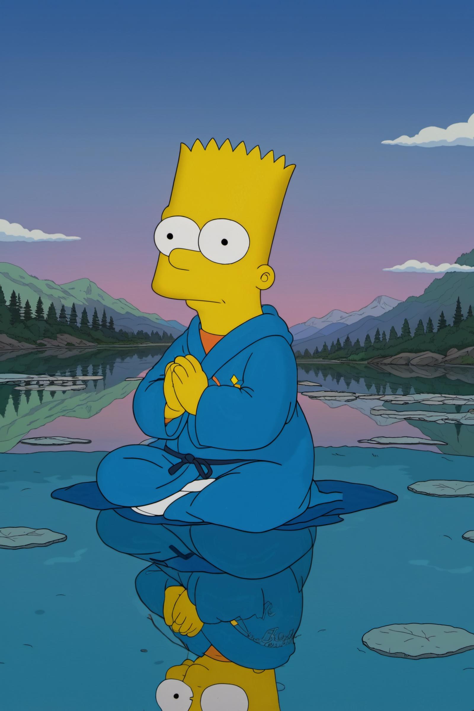 A cartoon image of Homer Simpson sitting cross-legged in a robe by a lake.