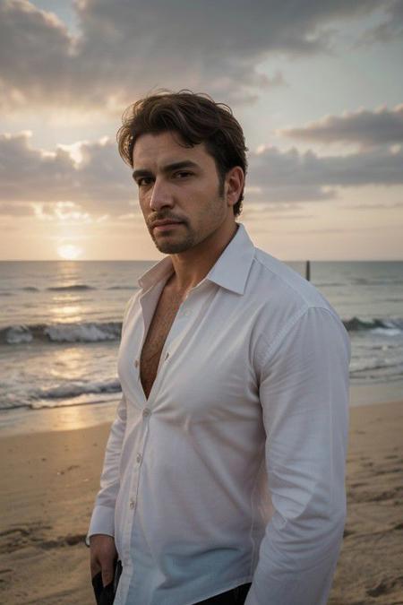 masterpiece, best quality, highres, portrait of a man at the beach, ((wide angle)) male focus, solo focus, mature, hairy, manly, unbuttoned white shirt, ocean in the distance, sunset, romantic, looking at the viewer, incredible composition, HDR, volumetric lighting, <lora:add_detail:1>