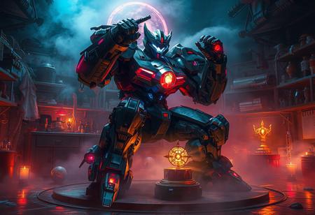 "Create a 4k, artistic and stylistically pleasing epic mecha artwork. The mecha, highly detailed with a muscular design, sits on a Black Illusion Ritual with an optimus sun orientation. The pose is cool, and the scene is filled with a blue, white and red mist. The mecha is featured on Reddit and is trending on ArtStation. The cluttered lab in the background adds intrigue, while the mecha's celebratory salute to the holy grail adds a sense of accomplishment. The neon glow enhances the overall epic feel of the piece."