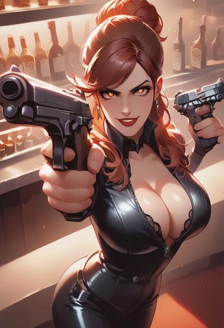 score_9, score_8_up, score_7_up, ASCII masterpiece, source_anime, BREAK, 1girl, solo, (( <lora:fujiko_mine:1> , fujiko_mine, thin waist, wide hips, beautiful skin, beautiful brown hair, beautiful long hair, clear eyes, piercing amber eyes, bright pupils, beautiful eyes, huge and shaggy breasts, natural beauty, extraordinary beautiful woman, attractive woman, super sexy woman, lustful body, sexy woman with seductive obscene body, sensual body, voluptuous body, sexy beauty, )) , sexy black bodysuit, obscene cleavage, badass girl, detailed, holding gun, delicate features, soft lighting, warm colors, pastel colors, seducative smile, cute and sexy, rare view, indoors, shiny clothes, shiny skin, bar, nightclub, classy decorations, cowboy shot, from above, looking at viewer, (detailed face, detailed eyes), evil grin, gun to head, holding weapon, holding gun, ((Glock19 handgun, G19 handgun,)), finger on trigger, <lora:Pony_Guns:0.9> , <lora:concept_guntohead_ponyXL:1> ,