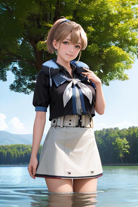 (masterpiece, best quality:1.2), <lyco:kancolle_intrepid-10:1.0>, cowboy shot, solo, 1girl, intrepid, smile, looking at viewer, wading, ponytail, black shirt, grey neckerchief, white skirt