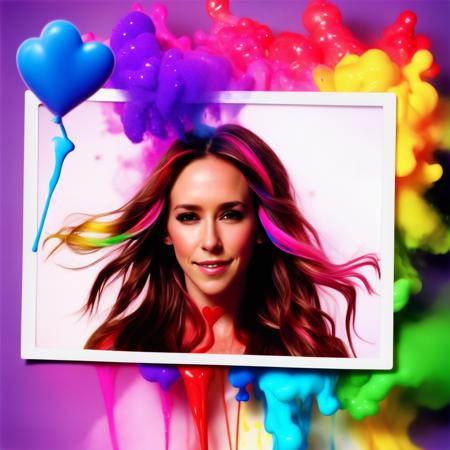 jenniferlovehewitt, <lora:JenniferLoveHewittXL:1>, ((polaroid)) frame, bubblegum pop style, flying hearts, color smoke explosion, very long wavy hair, floating hair, covered in paint, paint on body and face, rainbow colored hair,color splash, particles,  random background,