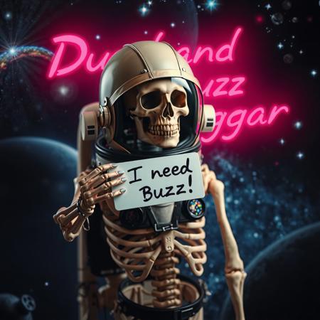 masterpiece, intricate photo realistic photo, realistic outer space skull astronaut in astronaut suite with helmet and transparent visor holding in the skeleton hand a small white sign on which is written "I need Buzz!", background outer space, stars, galaxies, nebulae, in the sky is written in neon letters "Dumb Buzz Beggar", as realistic as possible, hyper realistic, highly detailed, sharp focus, dusk and dawn of technology, dark art, gothic art, cyberpunk style, best quality, high resolution, colorful, vibrant colors, studio lighting, high quality image, no wrong proportions, 8K