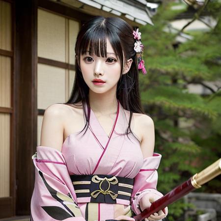 kasumi pink kimono long hair black hair blunt bangs hair ornament bare shoulders
