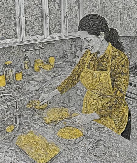 , <lora:SDXL_lace_drawing_Sa_May:1>   lace drawing,               black & yellow, industrial, heavy duty, modular,           A highly detailed mother in her kitchen preparing meal, window sunny day, happy, smiling,