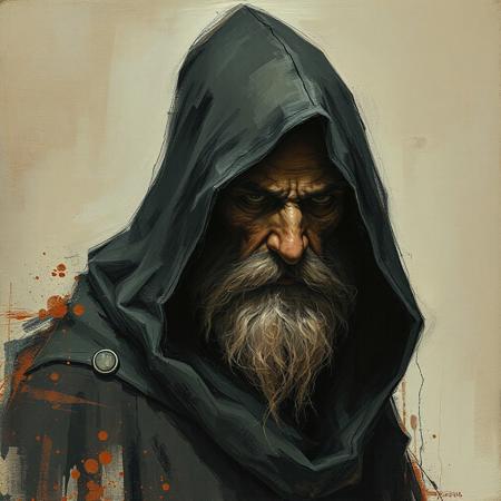 painting of a hooded wizard, rendered with bold, expressive smudges and unfinished strokes, Art nouveau style