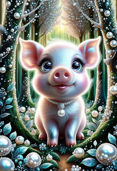 A cute pig, in a Pearlum forest, fantastical, looking around trees, whimsical, cute, big eyes  <lora:Pearlum_World_Morph:1>