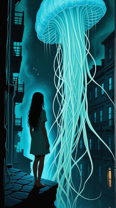 A closeup of a A mysterious, humanoid figure with iridescent, scaly skin and long, flowing hair that resembles the tendrils of a jellyfish, stands at the edge of a surreal, optical illusion town, where buildings seem to shift and melt into each other, creating impossible perspectives and gravity-defying architecture. The figure's eyes glow with an ethereal light, as they gaze out into the dark, seemingly bottomless abyss that lies beyond the town's edge, where translucent sea creatures, their bodies aglow with a soft, blue-green light, undulate and pulse like living lanterns, casting an otherworldly glow over the scene. The figure's slender, elongated body appears to be merging with the surrounding architecture, as if they are becoming one with the shifting, dreamlike landscape, and their long hair flows out into the abyss like a ghostly, bioluminescent tendril, as if beckoning the glowing sea creatures closer.,